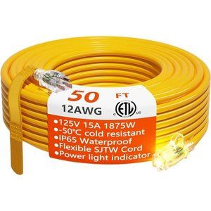 12/3 Gauge Heavy Duty Outdoor Extension Cord 50 ft Waterproof with Lighted end